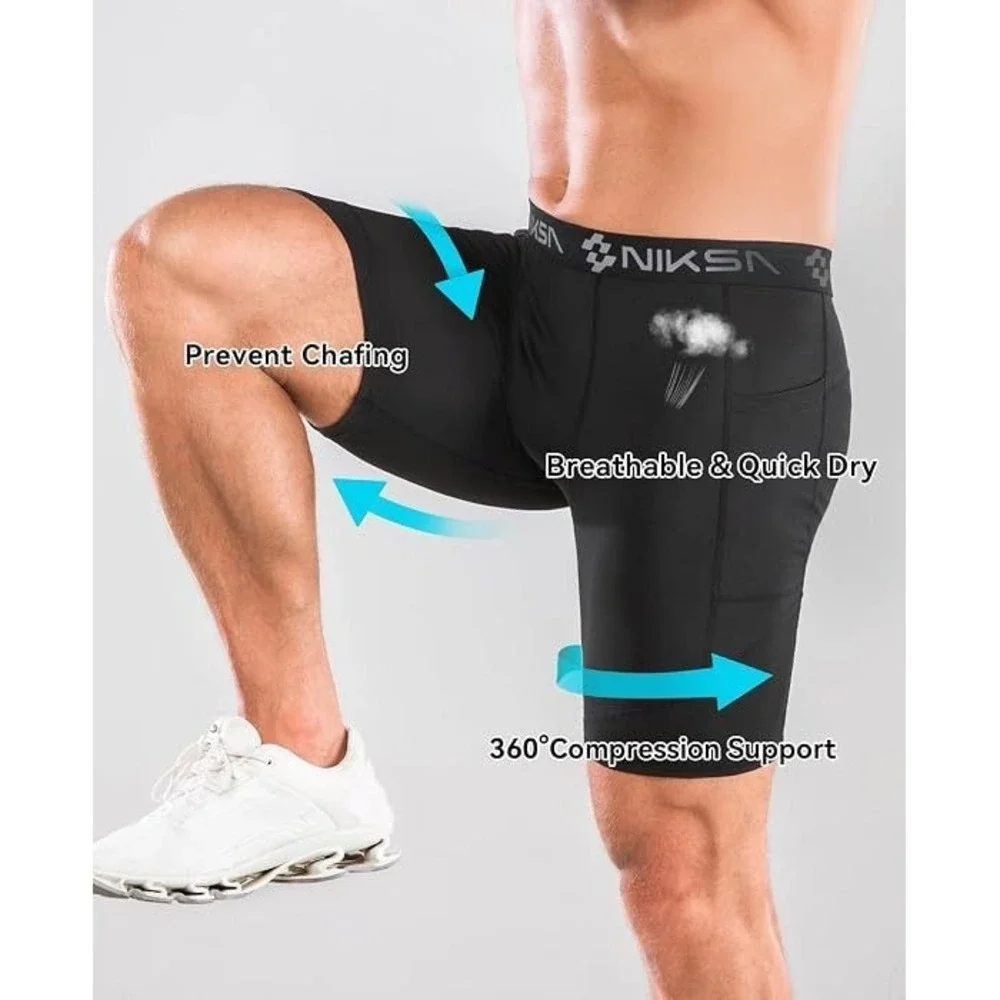 Niksa Men's 2 Pack Performance Athletic Compression Shorts w/ Pockets - Black L